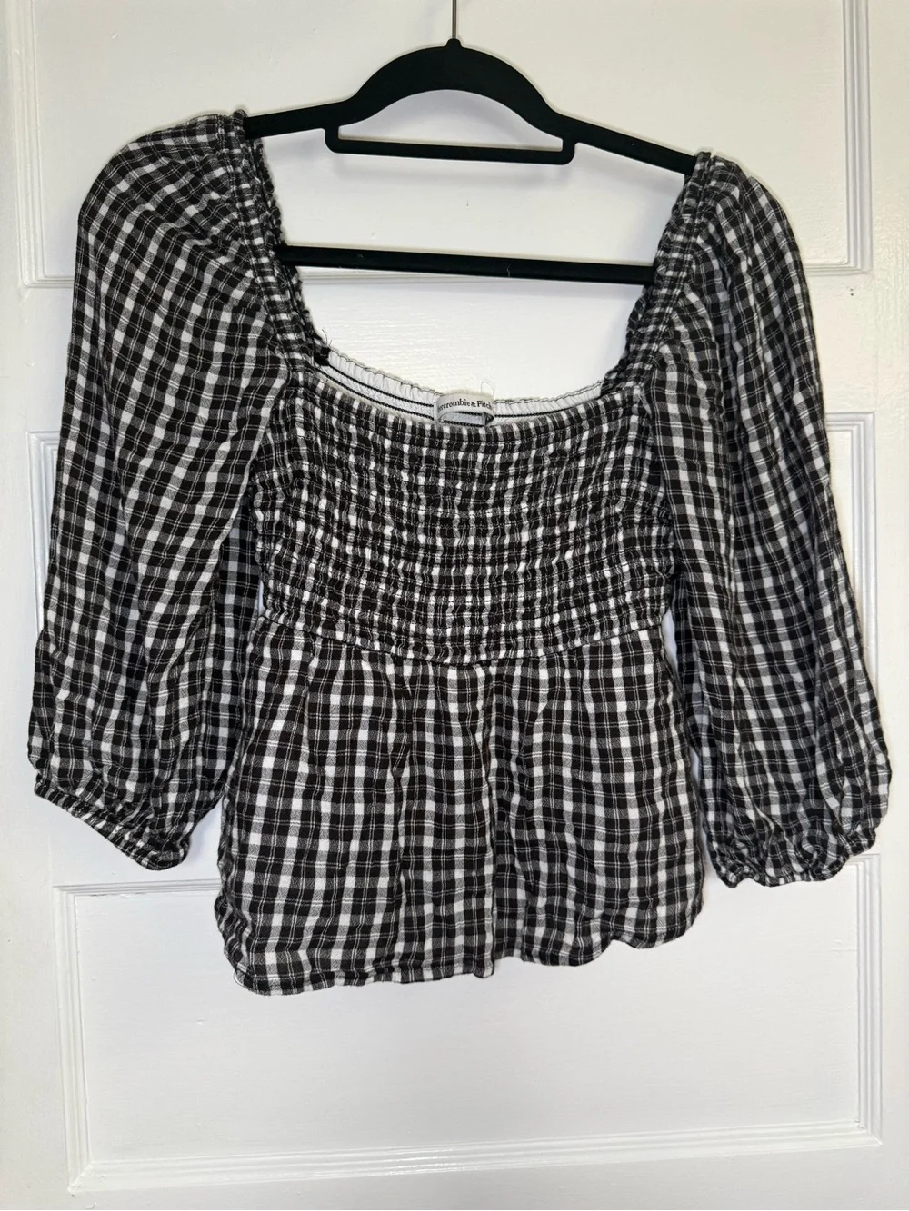Abercrombie & Fitch Black and White Smocked Plaid Peasant Blouse Fall Boho Sz M